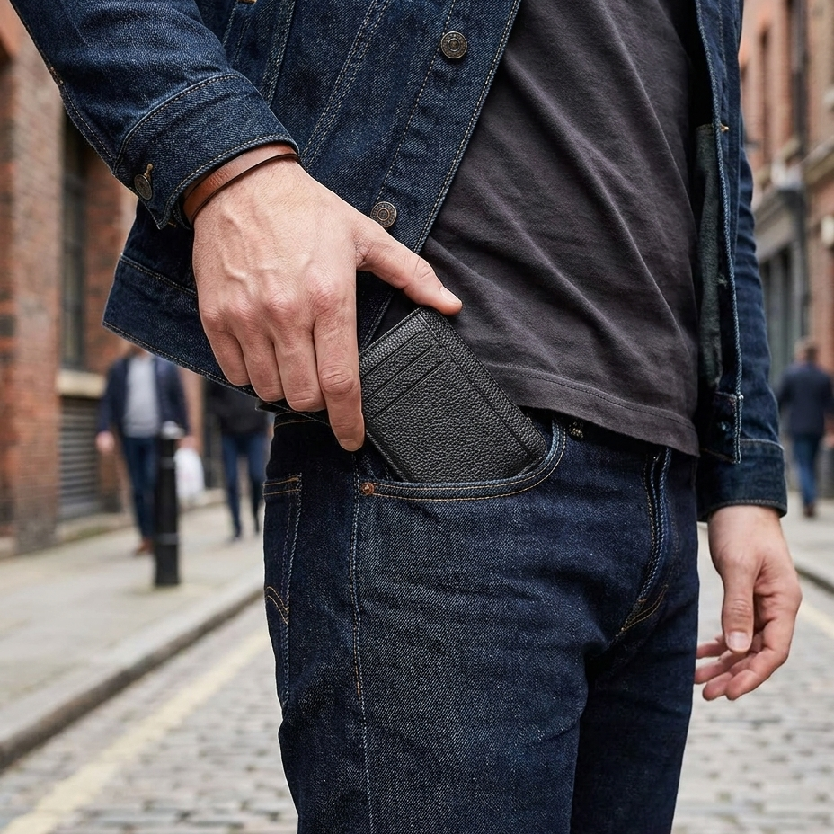 The Ledger Slim card holder being placed in back pocket
