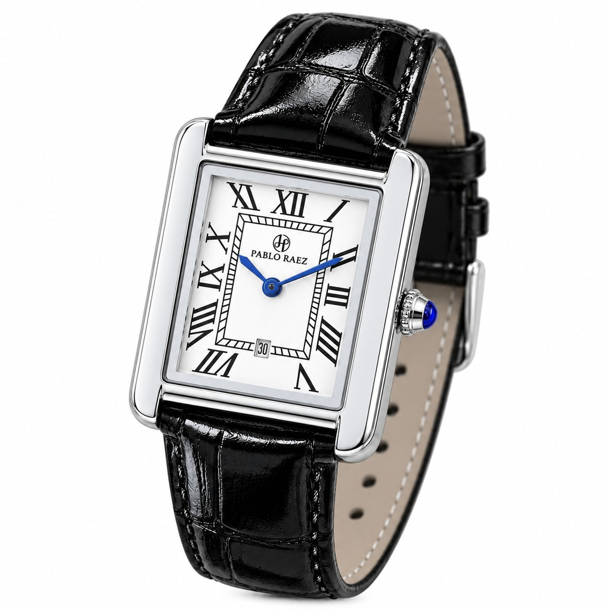 Houston Essence 28mm steel watch with the black leather strap open, front view of the dial #color_black