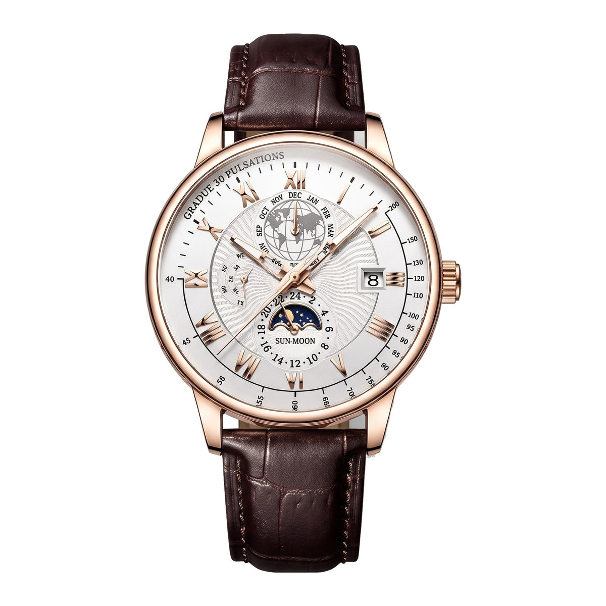 Moon 42mm rose gold moonphase watch, front view