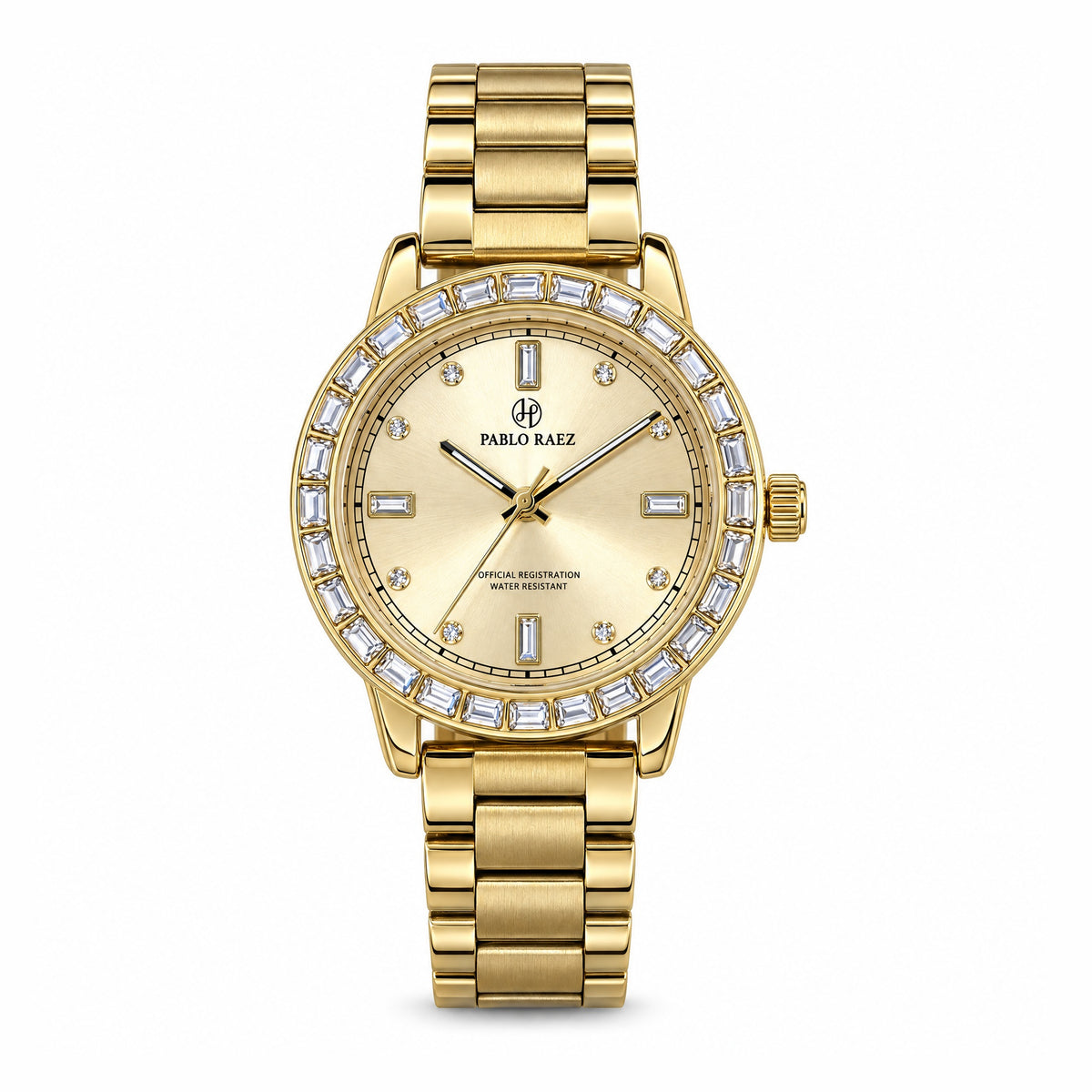 Kensington 35mm women's watch in 18K gold tone with baguette crystal bezel, front view #color_gold