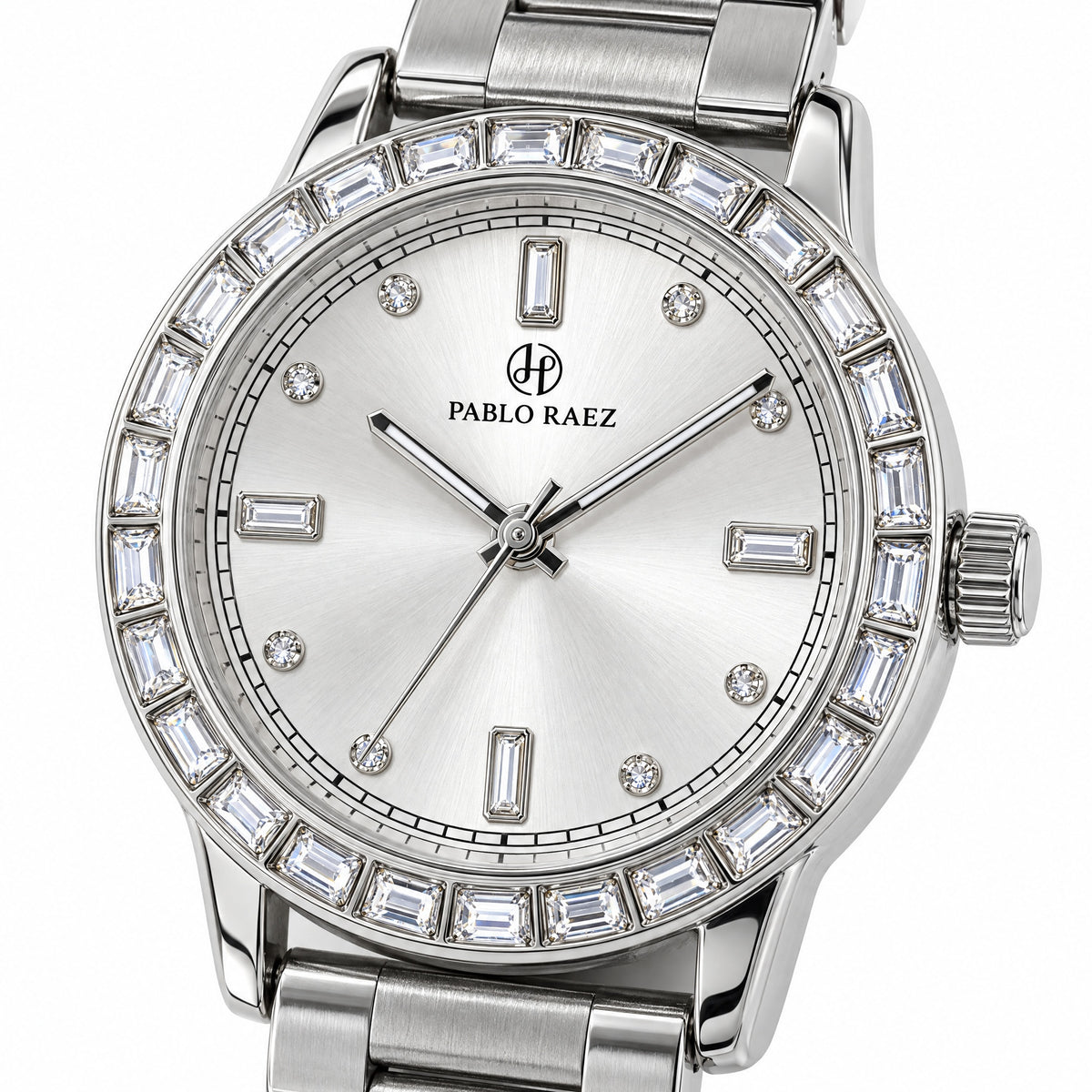 Kensington 35mm - close-up of the baguette crystal bezel and sunray dial #color_silver