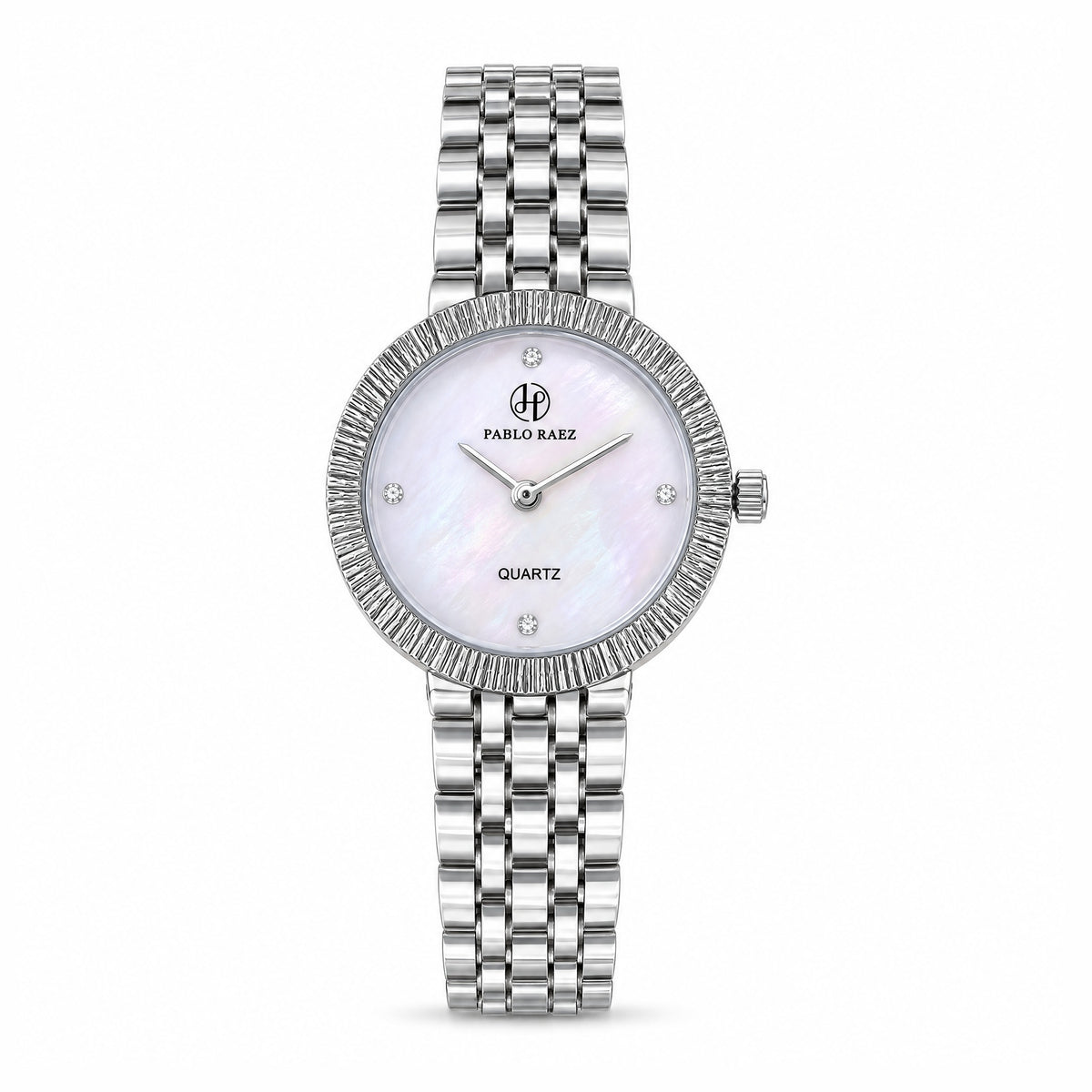 Chelsea 32mm women's watch in polished steel with fluted bezel and mother-of-pearl dial, front view
