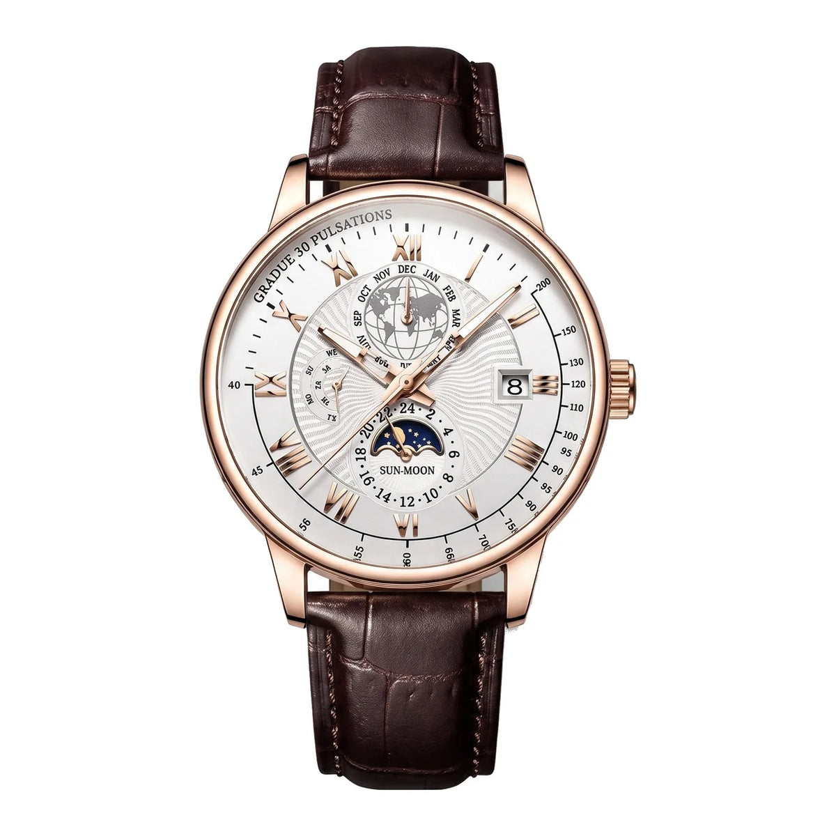 Moon 42mm rose gold moonphase watch, front view