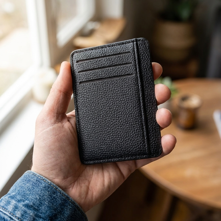 The Ledger Slim card holder held in hand, close-up