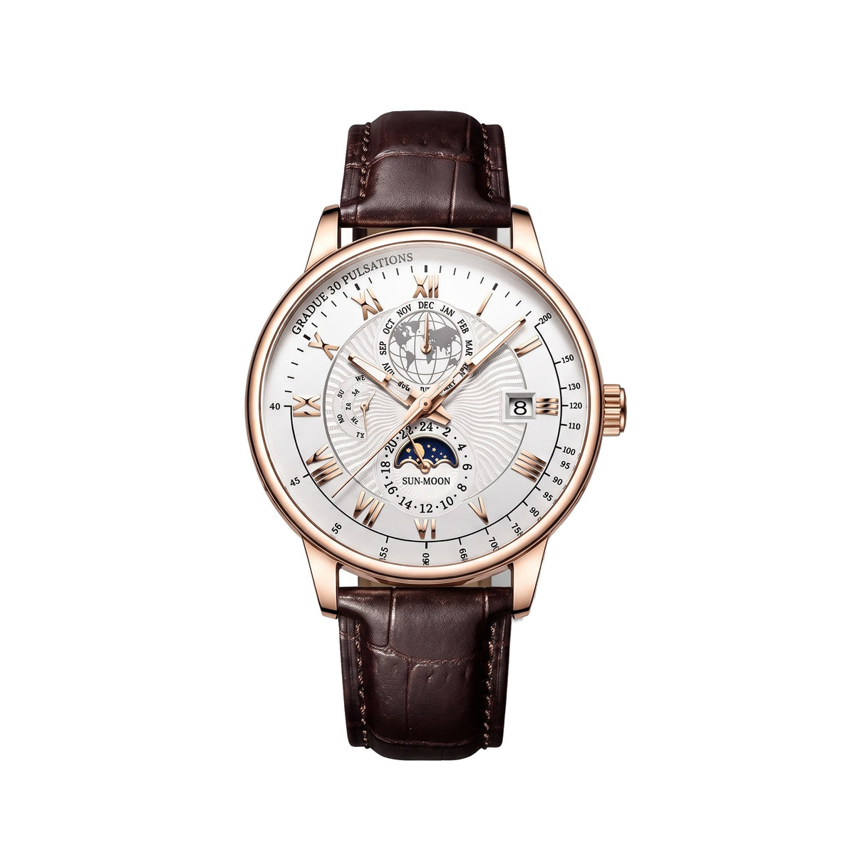 Moon 42mm rose gold moonphase watch, front view