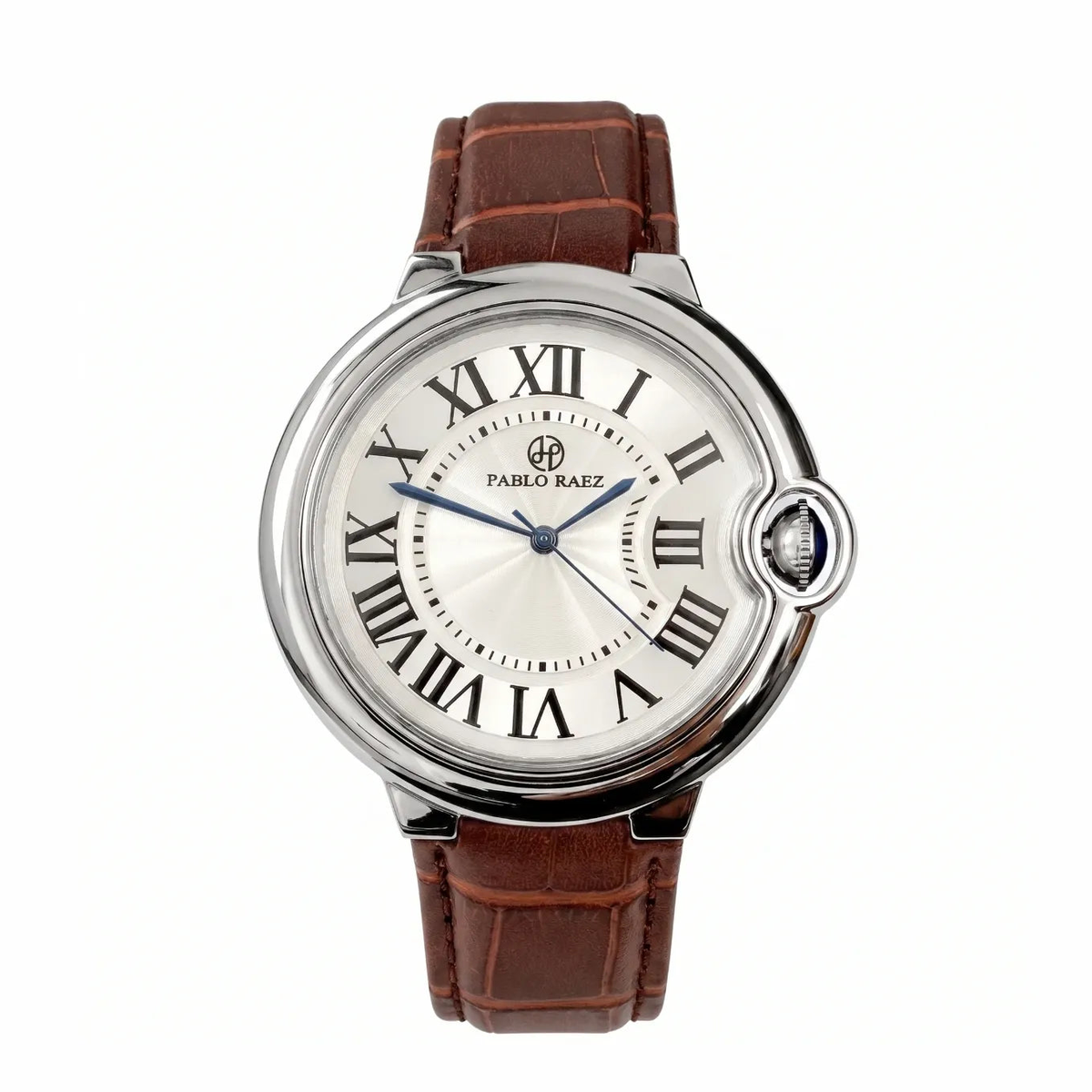 Murray 36mm silver watch with brown leather strap, front view of the white Roman numeral dial on a white background #color_brown