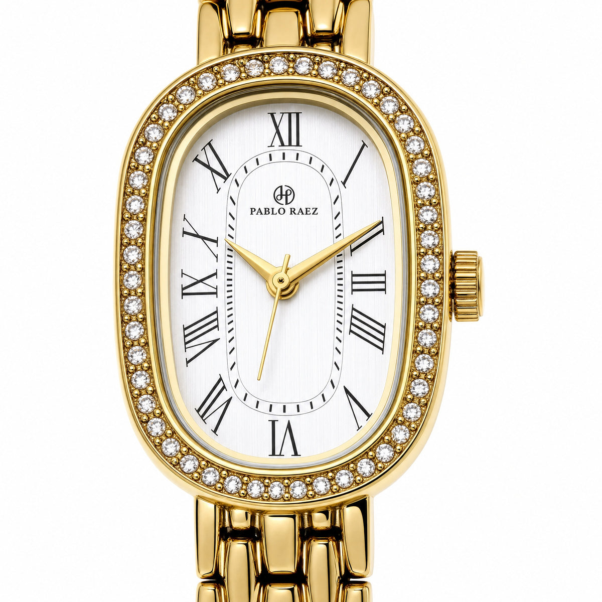 Belgrave 21mm - close-up of the crystal bezel and white Roman numeral dial in gold #color_gold