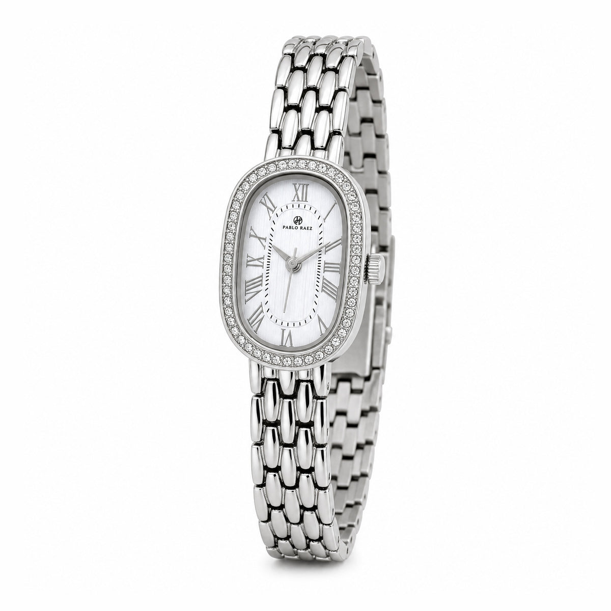 Belgrave 21mm silver watch, three-quarter view showing the case and crown #color_silver