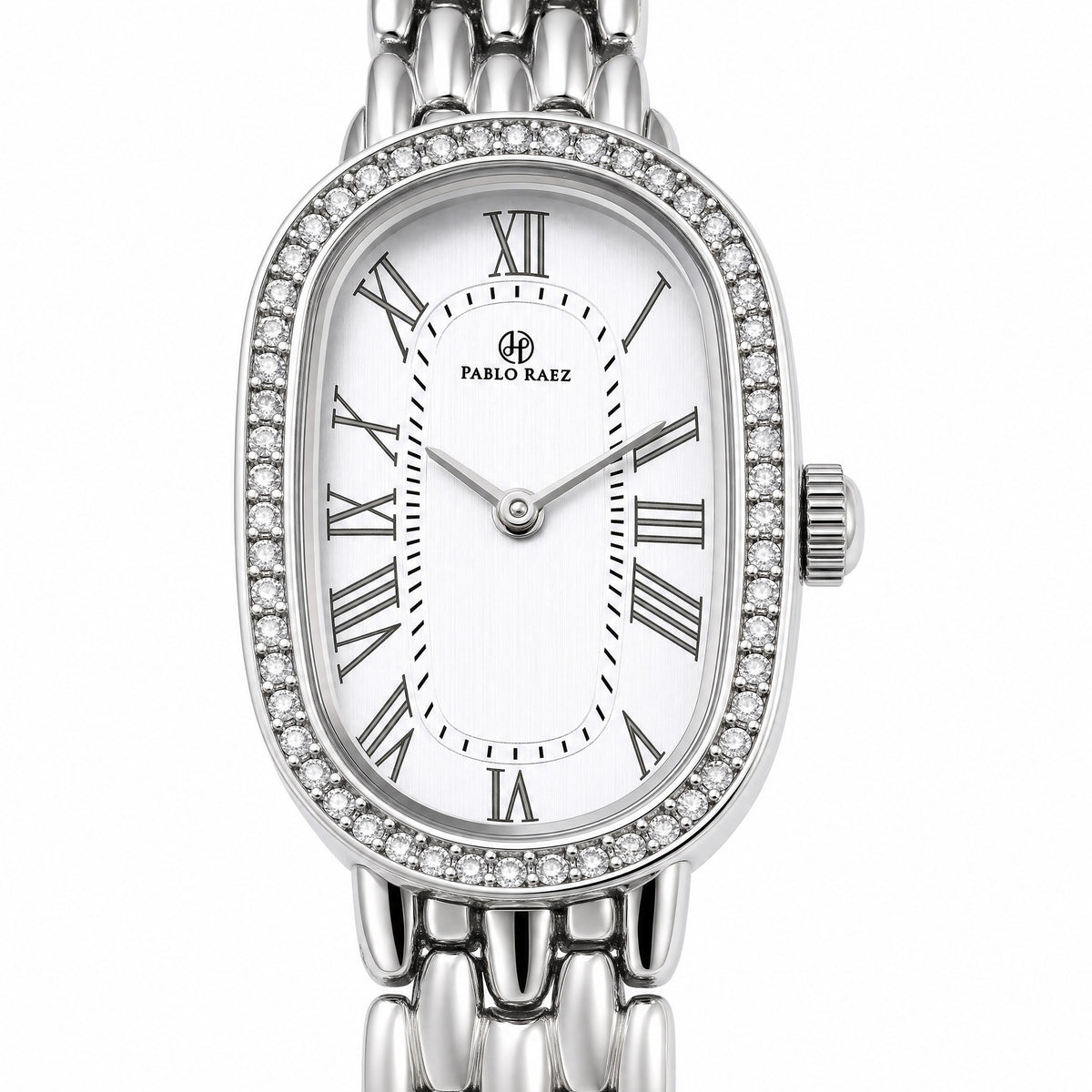 Belgrave 21mm - close-up of the crystal bezel and white Roman numeral dial #color_silver