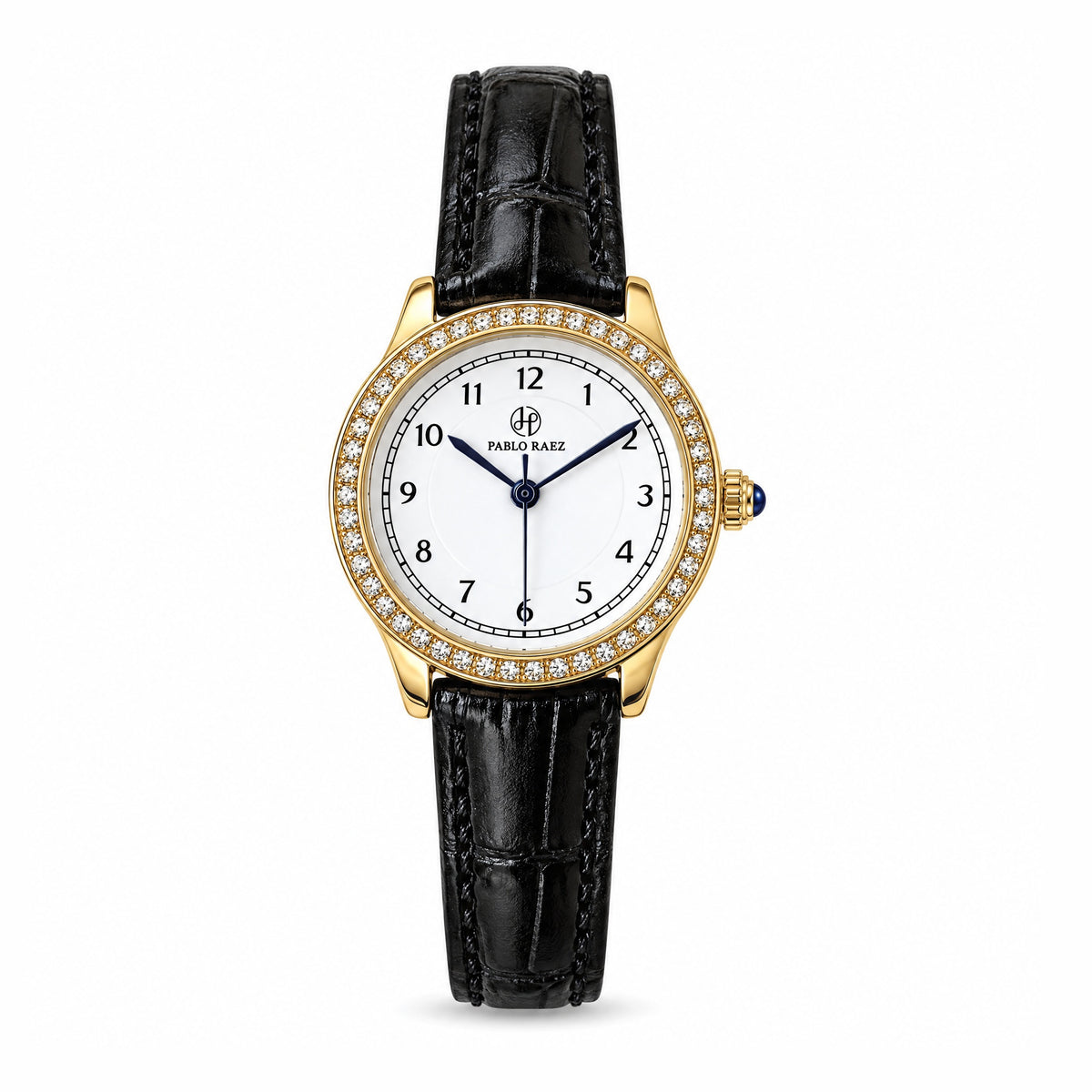 Mayfair 28mm women's watch in 18K gold tone with black leather strap, front view #color_black