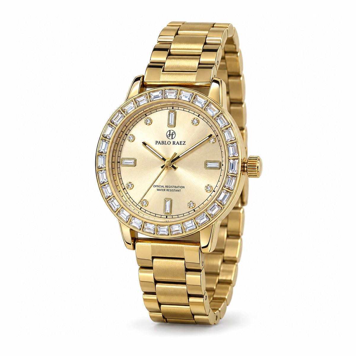 Kensington 35mm gold watch, three-quarter view showing the bracelet and crown #color_gold