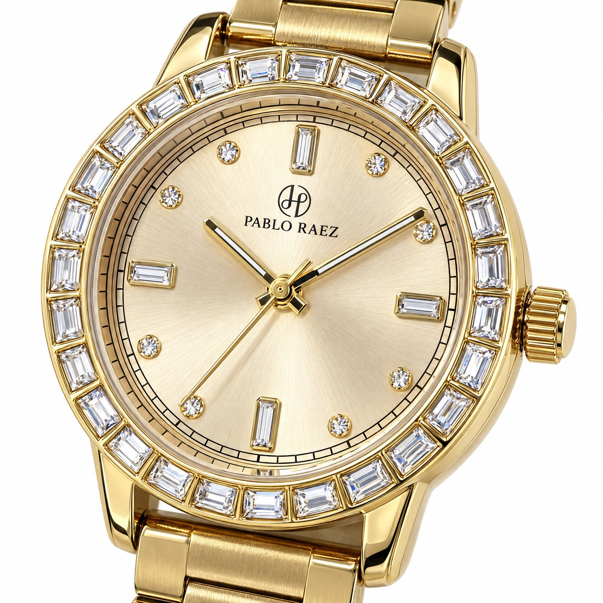 Kensington 35mm - close-up of the baguette crystal bezel and champagne sunray dial #color_gold