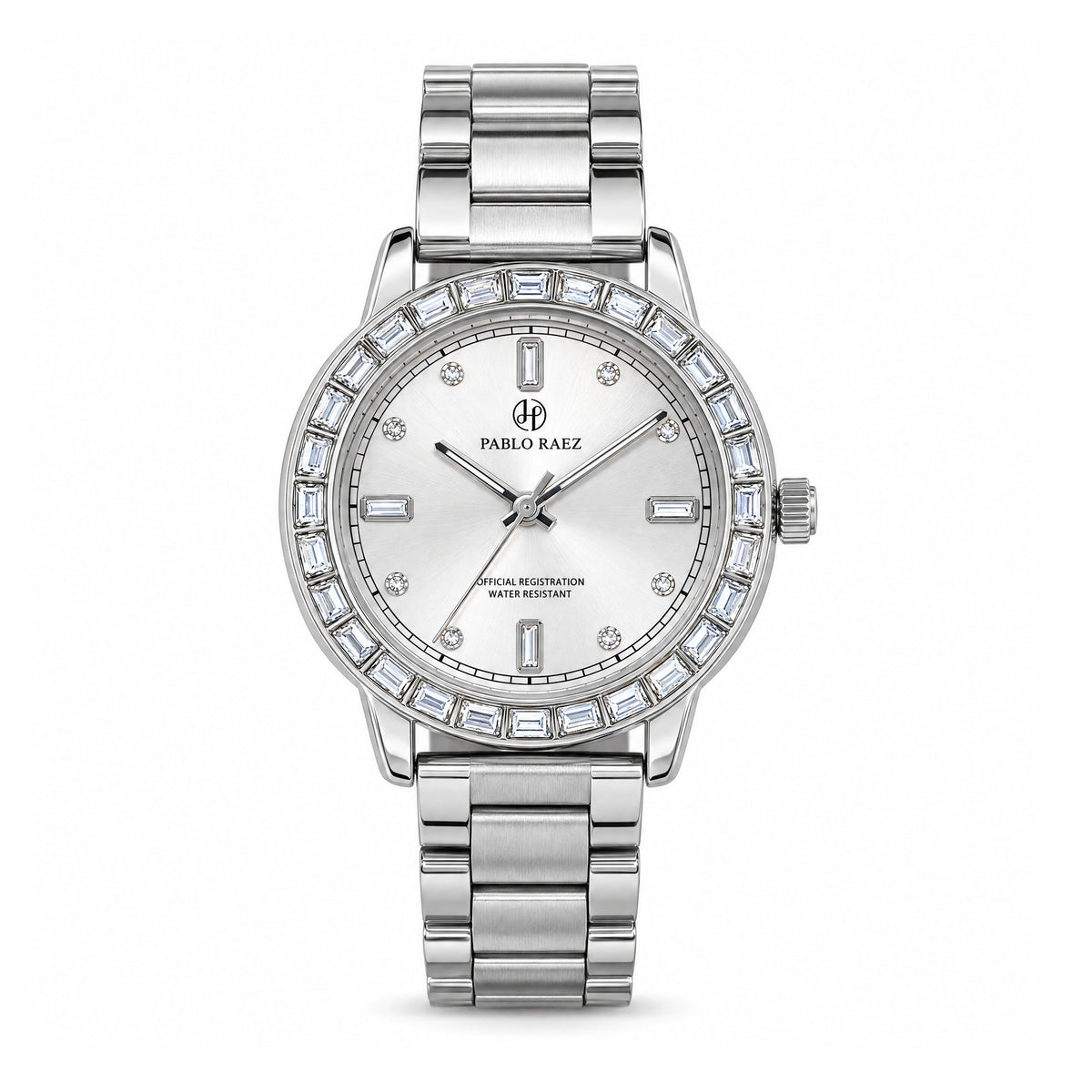 Kensington 35mm women's watch in polished steel with baguette crystal bezel, front view #color_silver