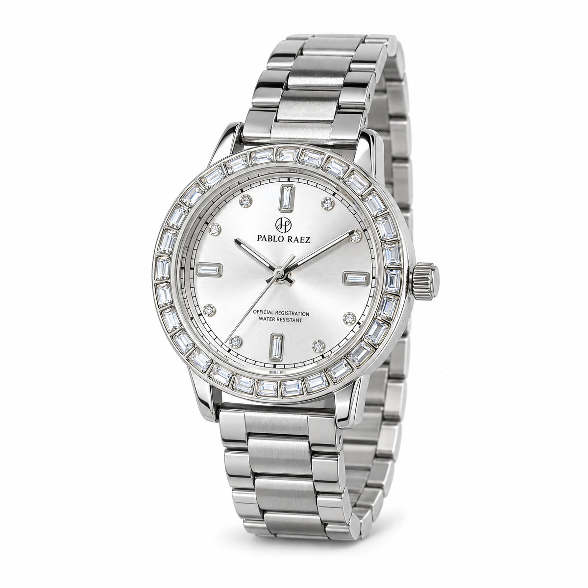 Kensington 35mm silver watch, three-quarter view showing the bracelet and crown #color_silver