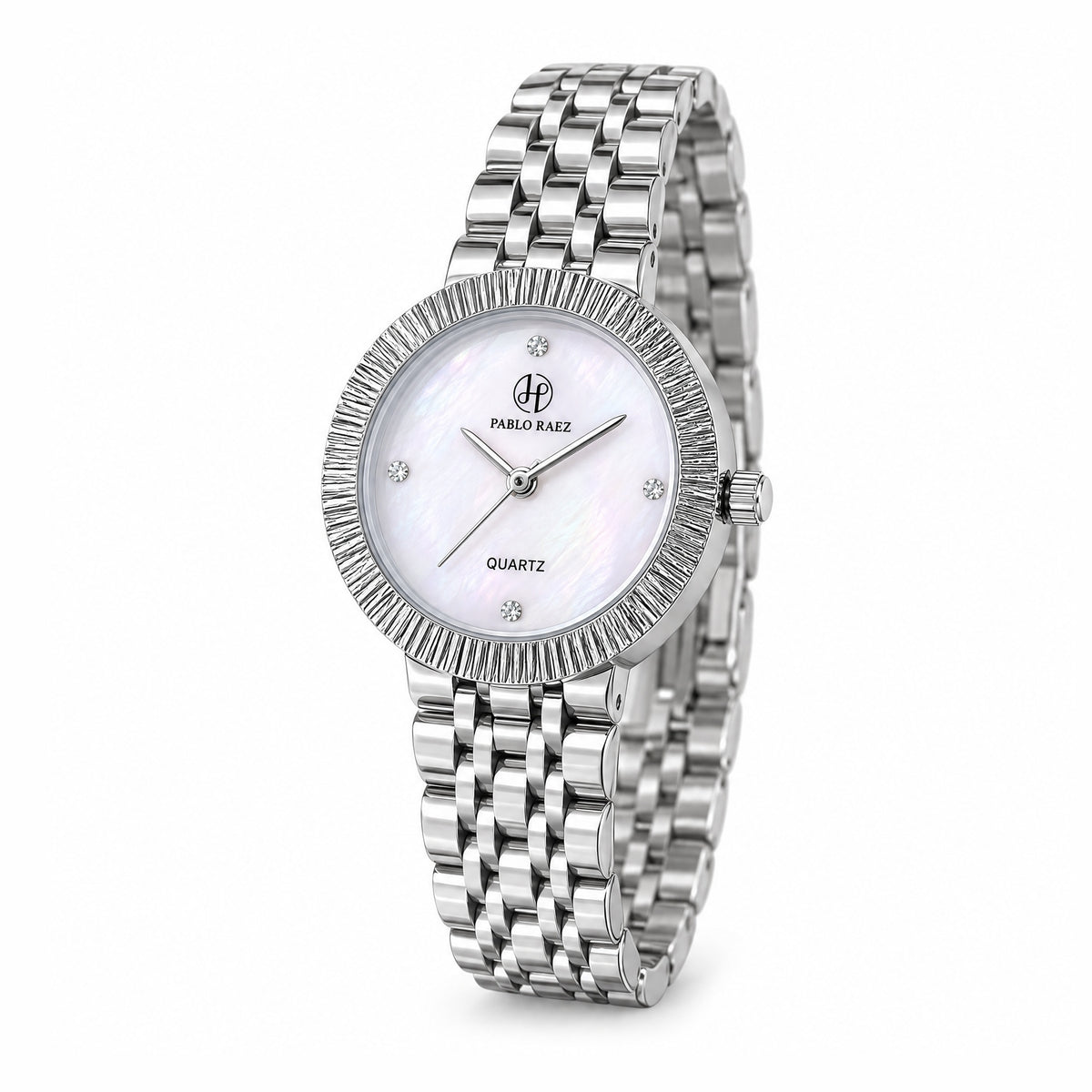 Chelsea 32mm steel watch, three-quarter view showing the fluted bezel and bracelet
