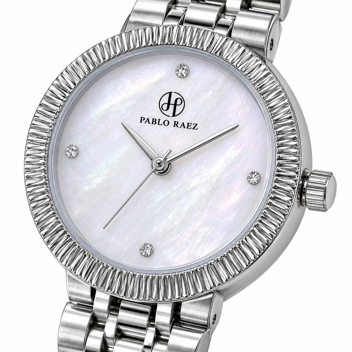 Chelsea 32mm - close-up of the white mother-of-pearl dial with crystal markers
