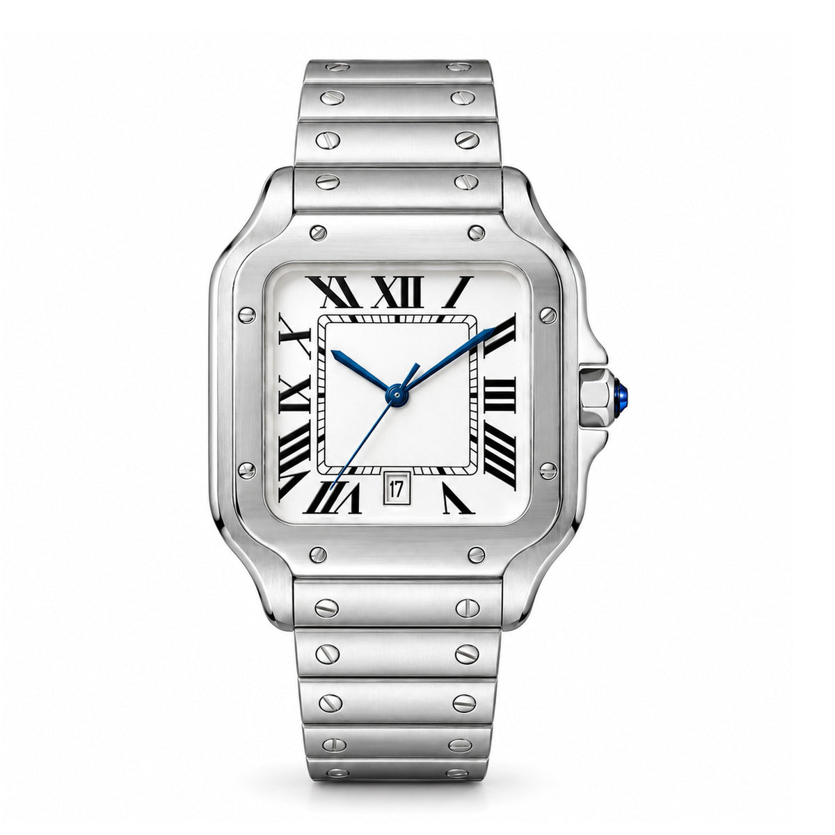 Pablo Raez Sloane Silver 40mm square stainless steel watch, white Roman dial, blue hands, steel bracelet