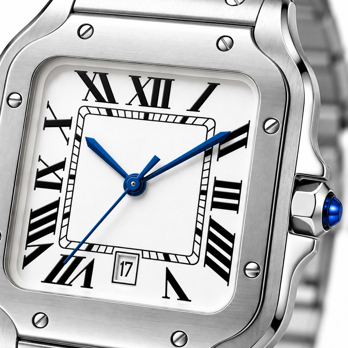 Pablo Raez Sloane Silver 40mm square stainless steel watch, white Roman dial, blue hands, steel bracelet