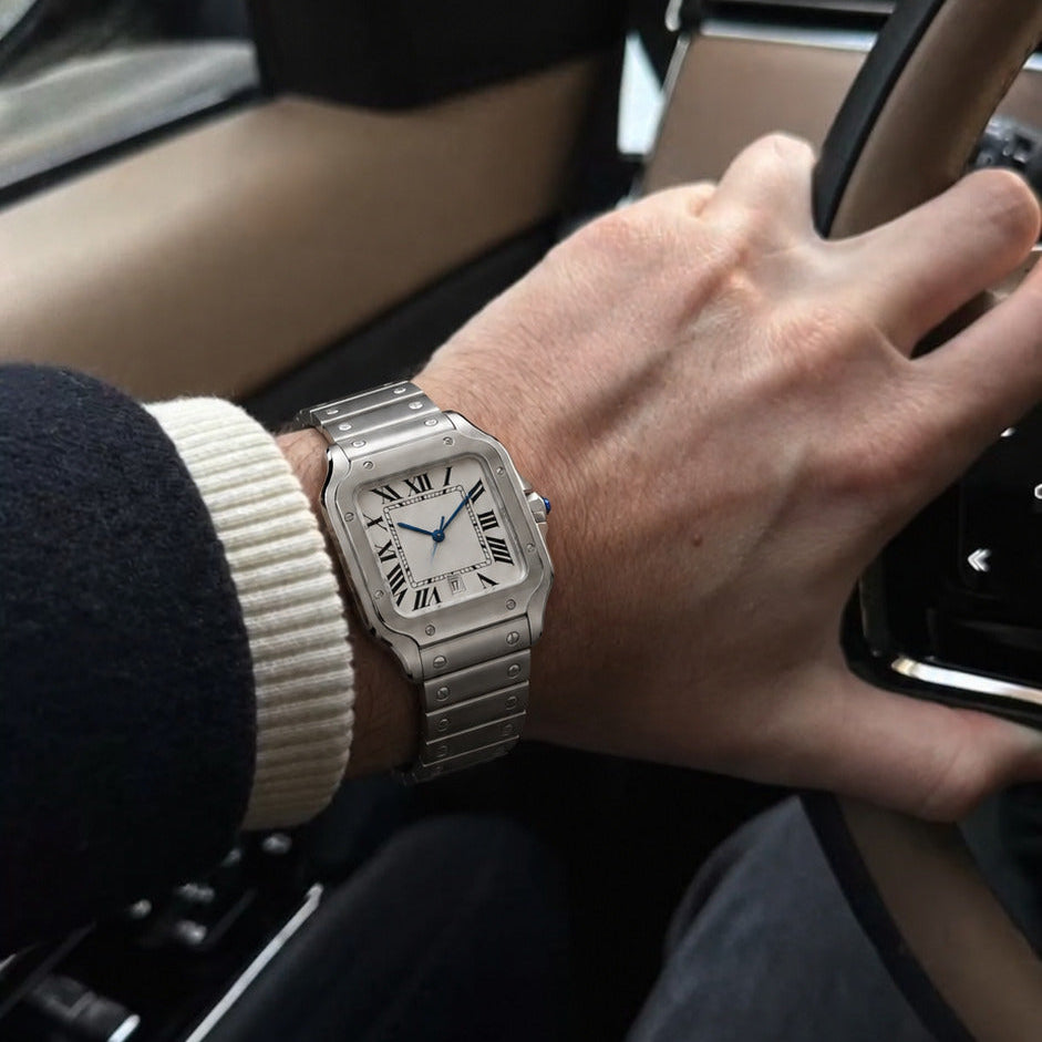 Pablo Raez Sloane Silver 40mm square stainless steel watch, white Roman dial, blue hands, steel bracelet
